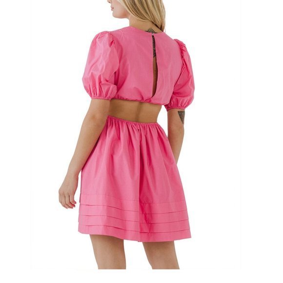 Women's English Factory Puff Sleeves Pleats with Cut Out Mini Pink Dress Sz SM - Picture 3 of 9